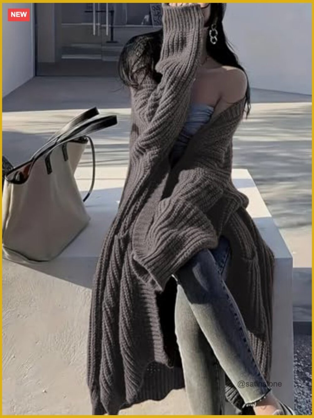 Open Front Long Cardigan Sweater with Pockets Oversized Duster Knit Coat - Picture 3 of 7